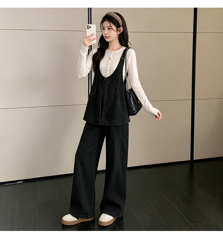 실사 2026 가을 겨울철 임산부 멜빵 바지 세트 새로운 패션 외국 가스 데님 와이드 레그 팬츠 연령 감소 투피스 세트 상세 이미지 25