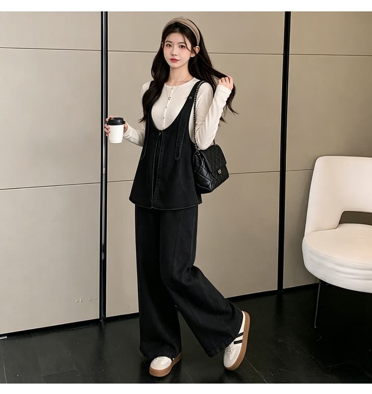 실사 2026 가을 겨울철 임산부 멜빵 바지 세트 새로운 패션 외국 가스 데님 와이드 레그 팬츠 연령 감소 투피스 세트 상세 이미지 27