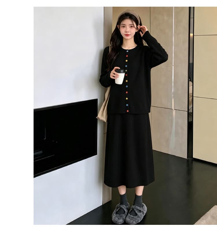 임산부 스웨터 색상 단추 색상 일치 패션 세트 가을 겨울 긴팔 한국 스타일 맨위 수 있습니다. 조정 신축성 치마 상세 이미지 19