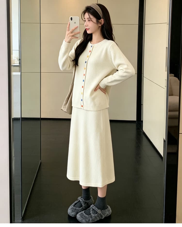 임산부 스웨터 색상 단추 색상 일치 패션 세트 가을 겨울 긴팔 한국 스타일 맨위 수 있습니다. 조정 신축성 치마 상세 이미지 24