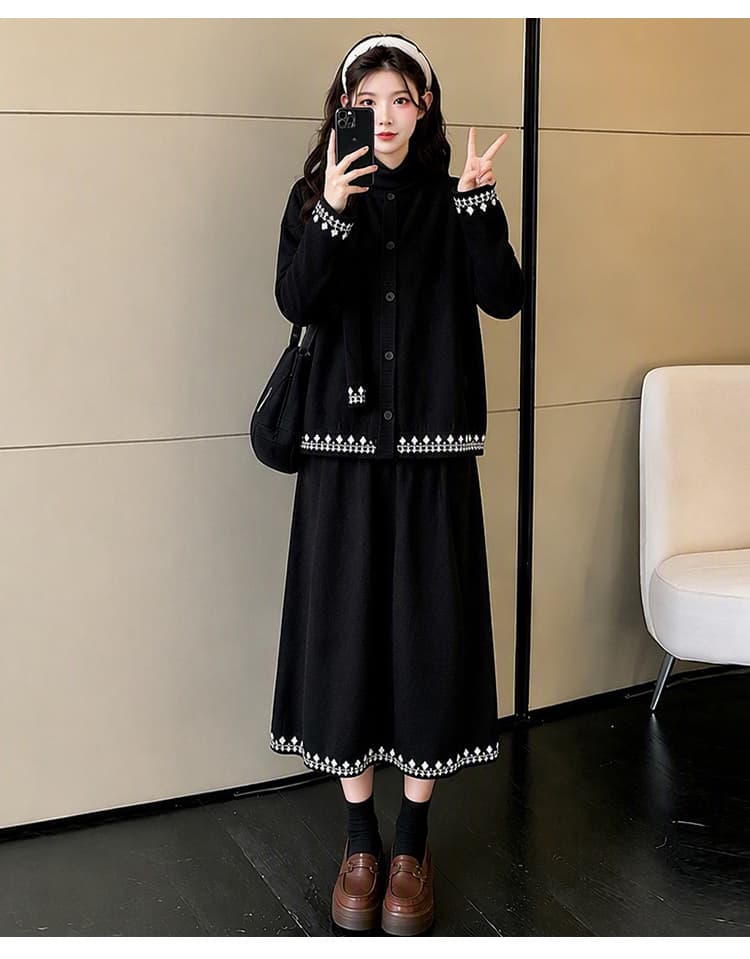임산부 패션 오픈 가디건 세 조각 세트 가을 겨울 긴팔 한국 스타일 맨위 수 있습니다. 조정 캐주얼 치마 장식 스카프 상세 이미지 21