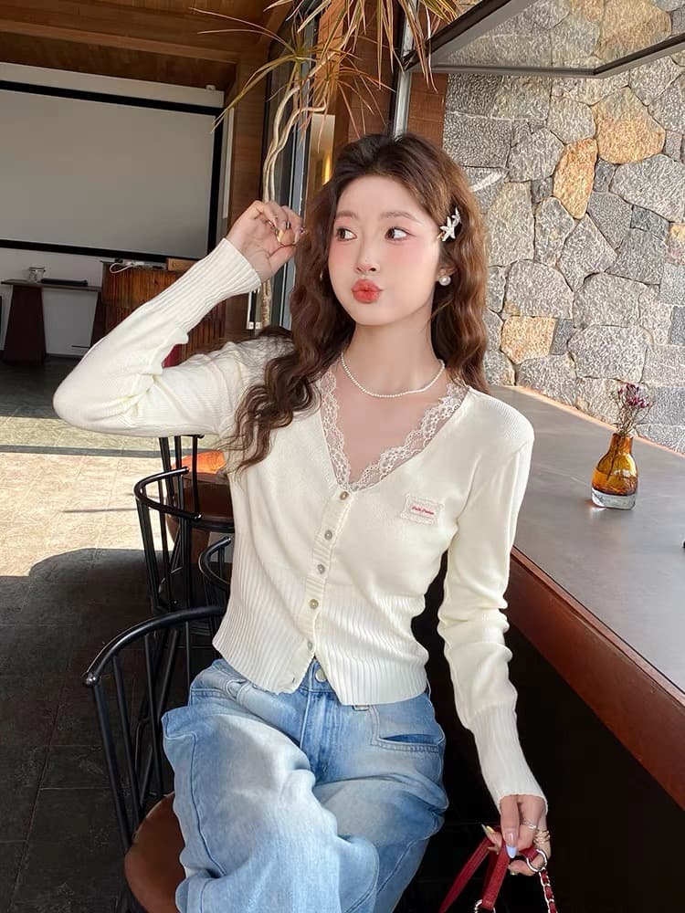 조기 봄 소녀 패치워크 레이스 측면 허리 수축 V넥 니트 스웨터 쇼트 스타일 다용도 긴팔 오픈 가디건 스택 착용 외부 가져 가라. 상세 이미지 6