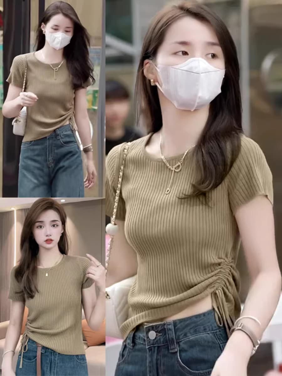 불규칙 펌프 로프 반팔 니트 스웨터 티셔츠 여성 여름 2025 새로운 디자인 센스 수리 고유 한 Chic 맨위 여성 상세 이미지 3