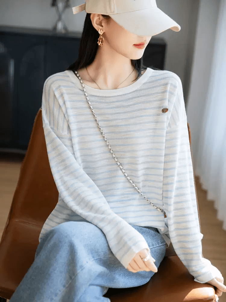 클래식 스트라이프 긴팔 자외선 차단 의류 대나무 마디 마 통기성 블라우스 여성 2026 여름 얇은 새로운 슬림해 보이는 루즈핏 맨위 t 상세 이미지 1