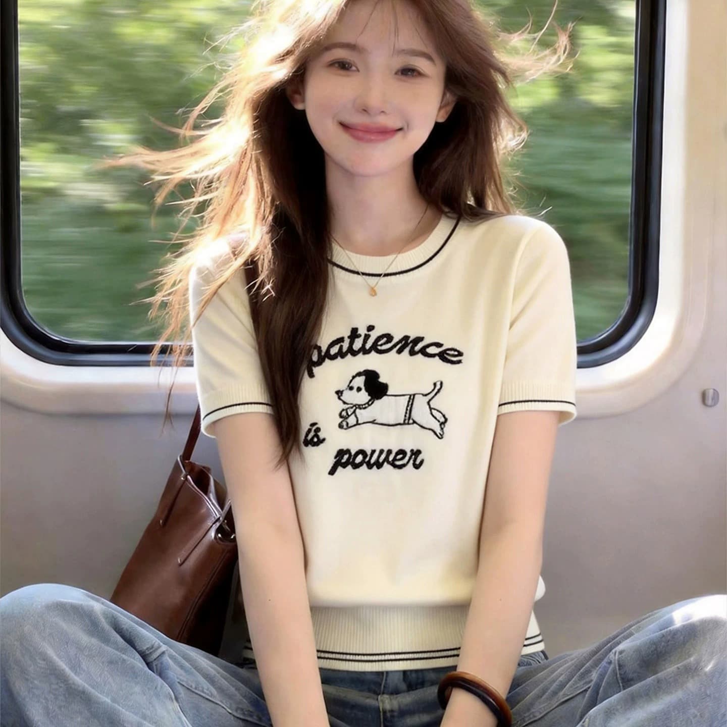 mm 한국 스타일 캐주얼 바람 라운드 넥 강아지 알파벳 프린트 반팔 티셔츠 여성 여름 슬림해 보이는 연령 감소 맨위 이미지 5