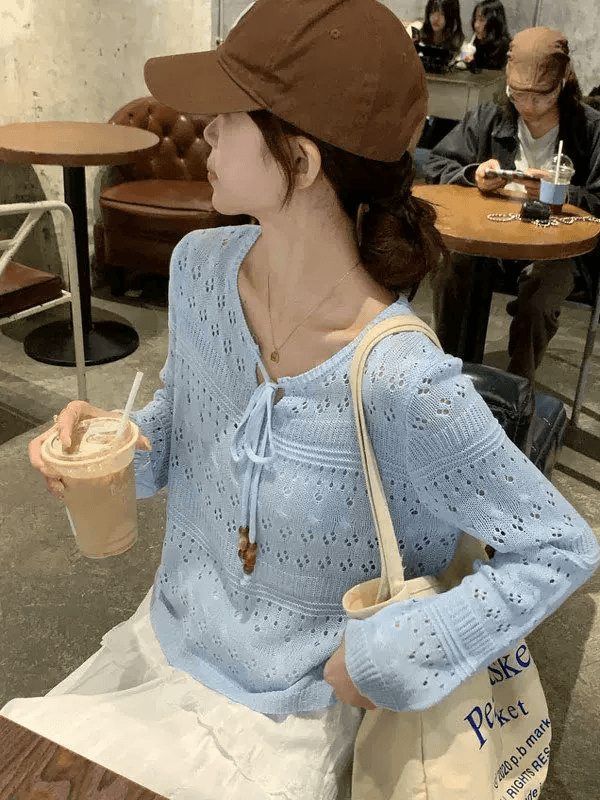 황색 레이스업 홀로우 아웃 긴팔 새로운 니트 스웨터 여성 여름 얇은 스타일 루즈핏 슬림해 보이는 에어컨 자외선 차단 블라우스 맨위 이미지 4