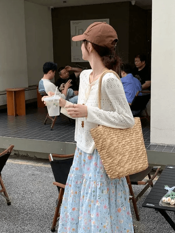 황색 레이스업 홀로우 아웃 긴팔 새로운 니트 스웨터 여성 여름 얇은 스타일 루즈핏 슬림해 보이는 에어컨 자외선 차단 블라우스 맨위 상세 이미지 2