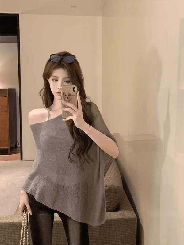레트로 얇은 스타일 섹시함 비스듬한 어깨 민소매 니트 스웨터 여성 여름 새로운 자외선 차단 의류 불규칙 망토 블라우스 맨위 상세 이미지 1