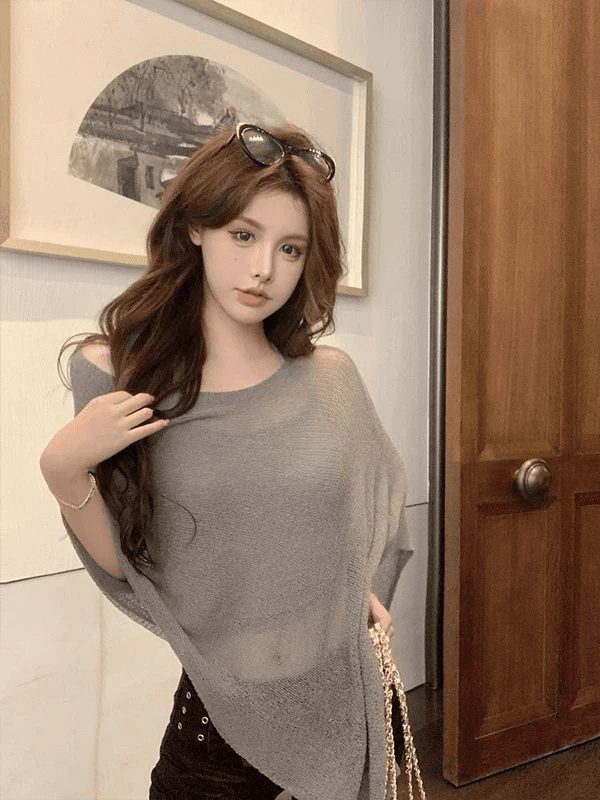 레트로 얇은 스타일 섹시함 비스듬한 어깨 민소매 니트 스웨터 여성 여름 새로운 자외선 차단 의류 불규칙 망토 블라우스 맨위 상세 이미지 2
