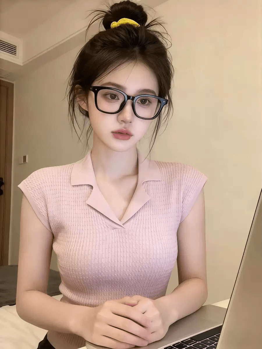 핑크색 폴로 칼라 질감 니트 반팔 티셔츠 여성 여름 순수한 욕망 V넥 작은 날다 소매 맨위 자이언트 잘 생긴 아름다운 아름다운 상세 이미지 2
