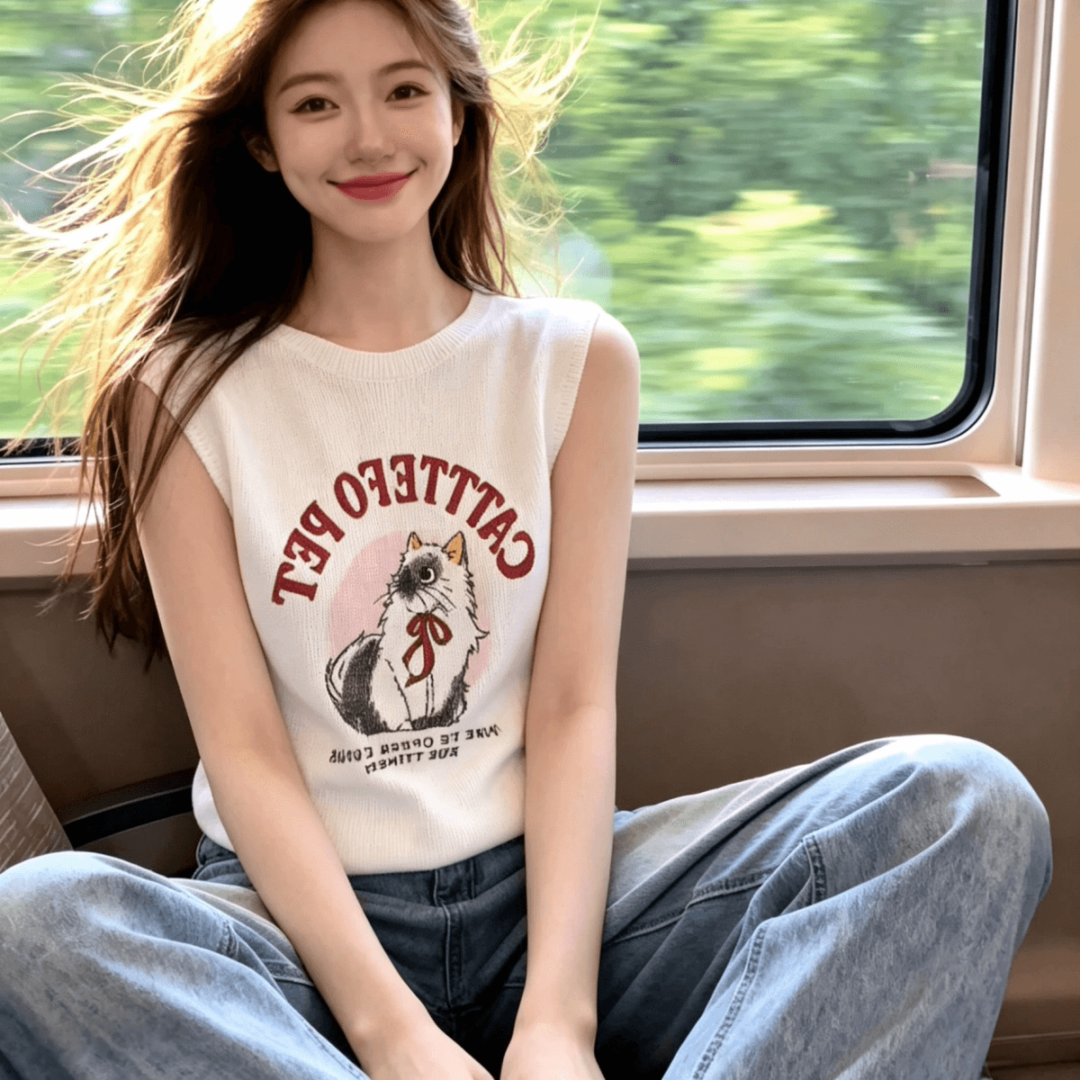 2026 한 부서 부드러운 바람 새끼 고양이 프린트 니트 스웨터 여성 여름 새로운 Feifei 소매 외출용 맨위 이미지 2