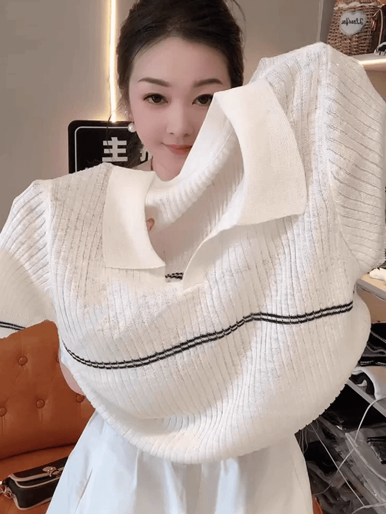 한 부서 패션 미니멀리즘 품격 폴로 칼라 반팔 니트 스웨터 여성 2025 여름 새로운 캐주얼 다용도 슬림해 보이는 맨위 상세 이미지 1