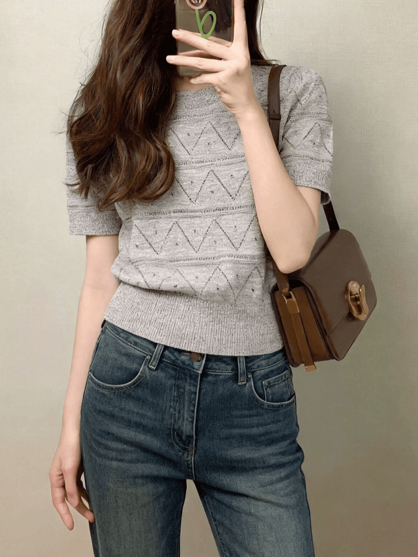 프랑스식 회색 홀로우 아웃 얼음 실크 니트 반팔 티셔츠 여성 여름 고급 센스 chic Chic 몸매 가꾸기 슬림해 보이는 맨위 상세 이미지 2