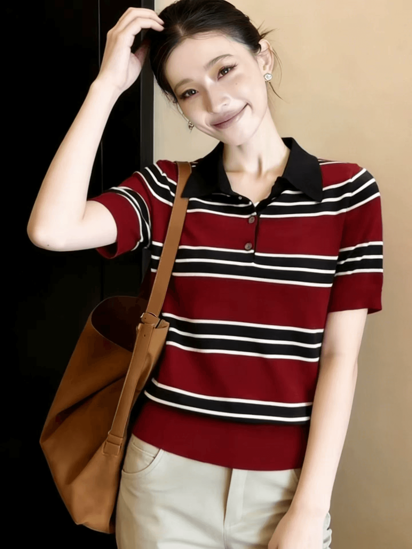 배색 POLO 칼라 스트라이프 반팔 니트 스웨터 여성 2026 년 새로운 여름 패션 외국 가스 몸매 가꾸기 슬림해 보이는 맨위 이미지 2