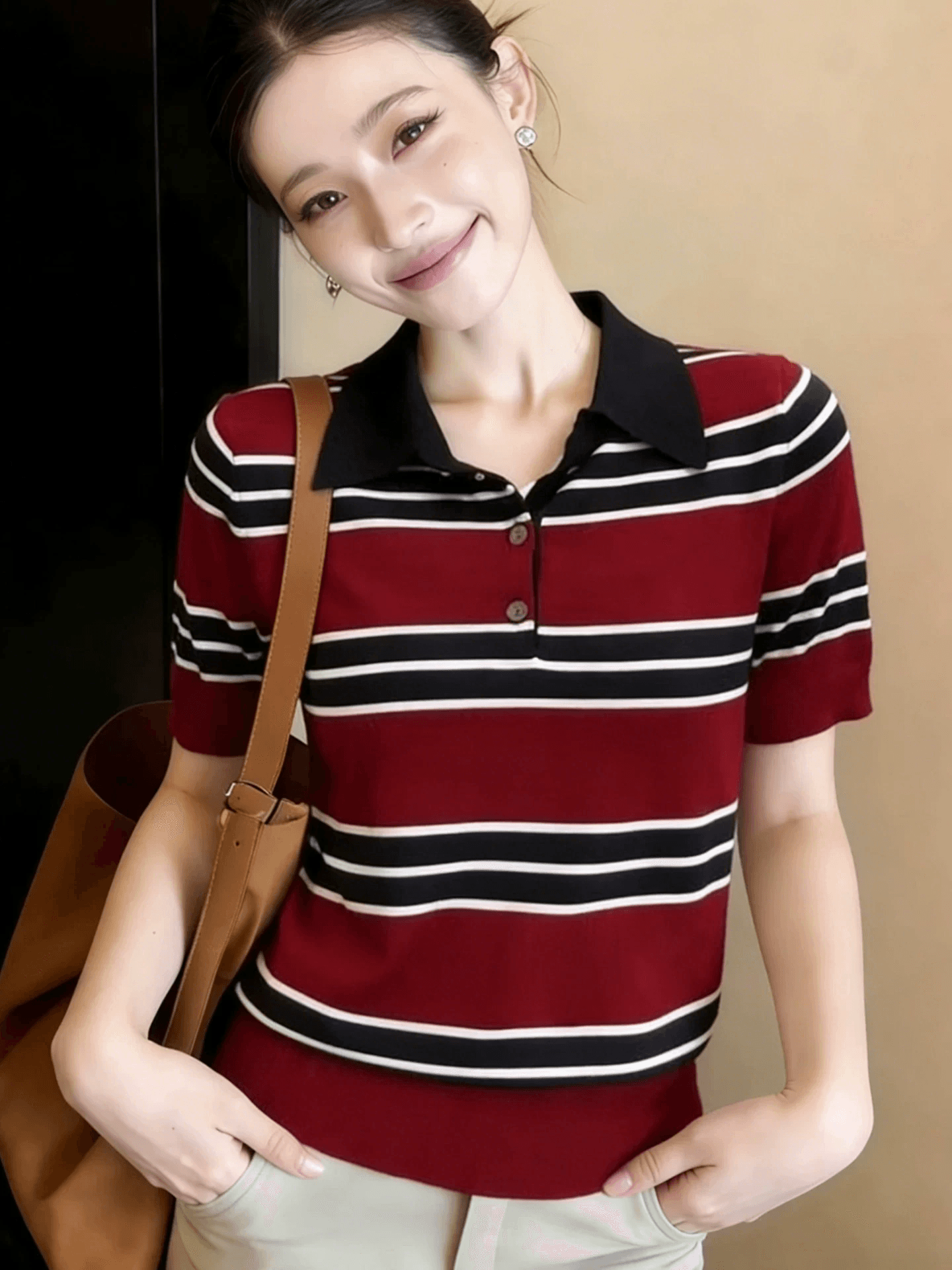 배색 POLO 칼라 스트라이프 반팔 니트 스웨터 여성 2026 년 새로운 여름 패션 외국 가스 몸매 가꾸기 슬림해 보이는 맨위 이미지 4