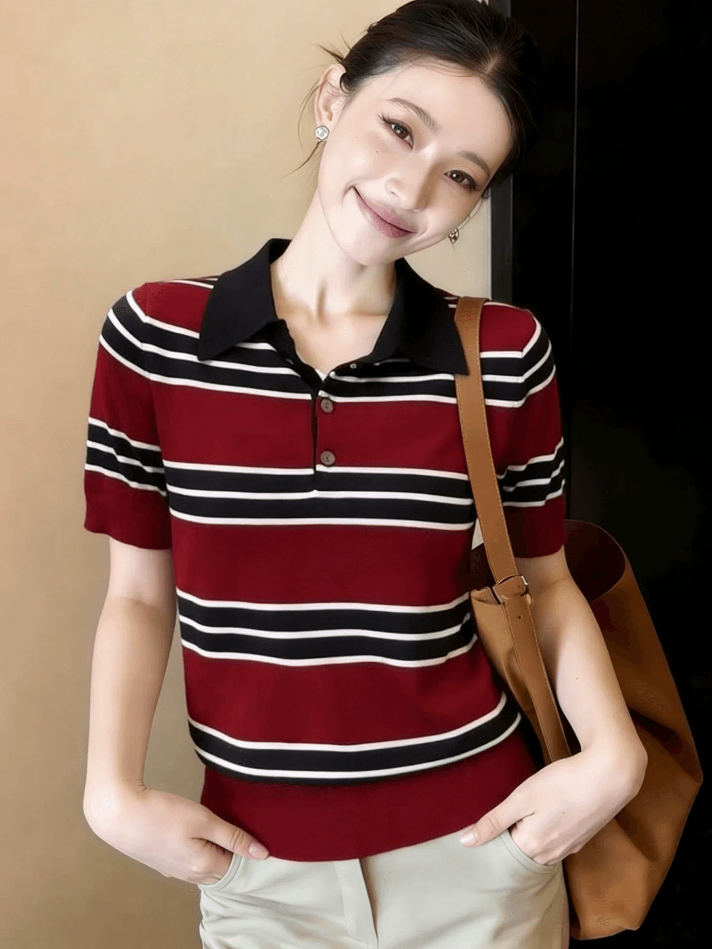 배색 POLO 칼라 스트라이프 반팔 니트 스웨터 여성 2026 년 새로운 여름 패션 외국 가스 몸매 가꾸기 슬림해 보이는 맨위 상세 이미지 3