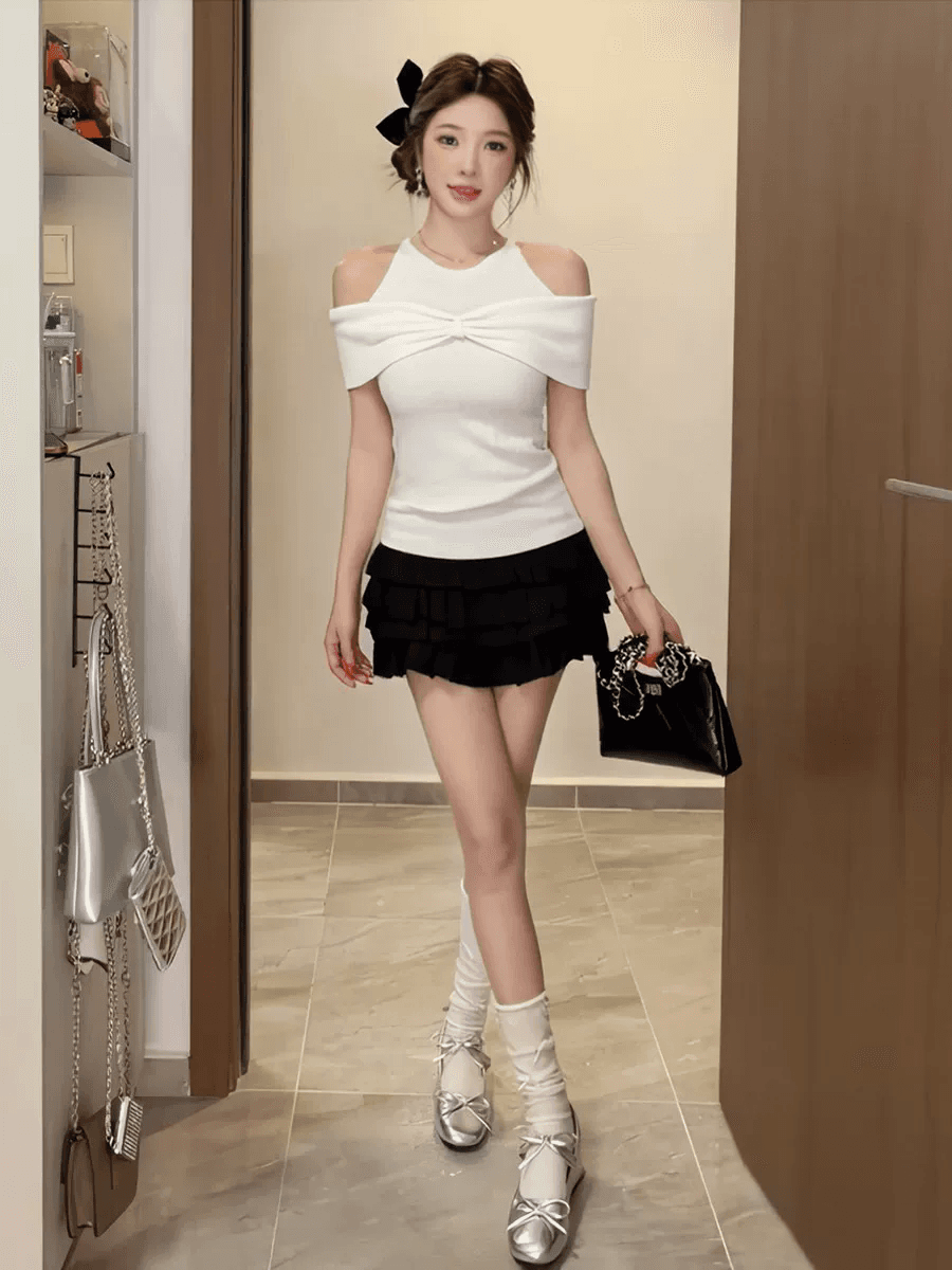 한 부서 부드러운 바람 행침 목 오프숄더 허리 수축 니트 맨위 여름 분위기 센스 행침 목 비틀림 오프숄더 니트 맨위 상세 이미지 2
