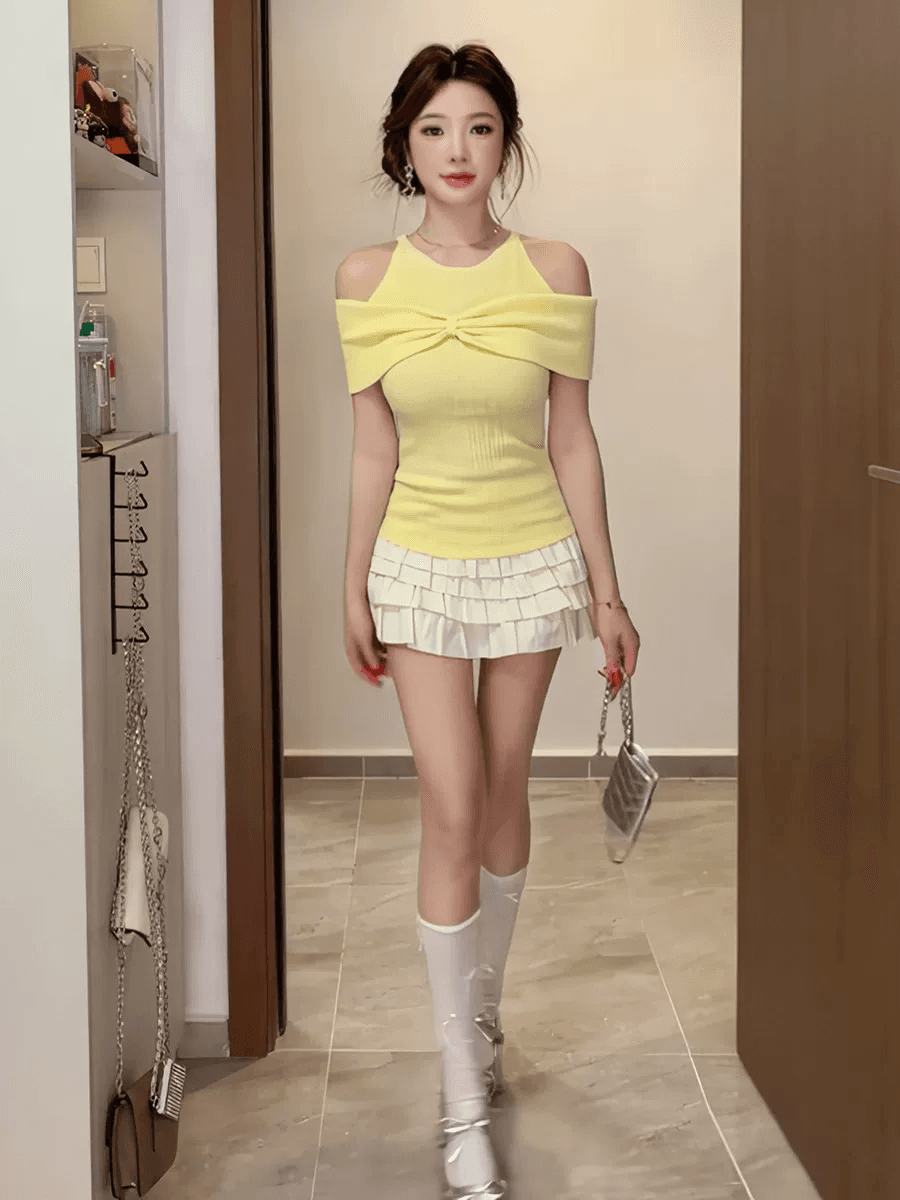 한 부서 부드러운 바람 행침 목 오프숄더 허리 수축 니트 맨위 여름 분위기 센스 행침 목 비틀림 오프숄더 니트 맨위 상세 이미지 4