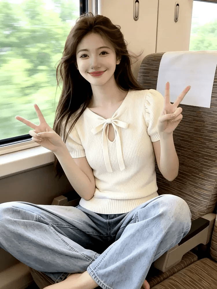 살구 색상 나비 매듭 버블 반팔 니트 스웨터 여자 2026 새로운 여름 얇은 스타일 연령 감소 달콤함 작은 키 맨위 이미지 3