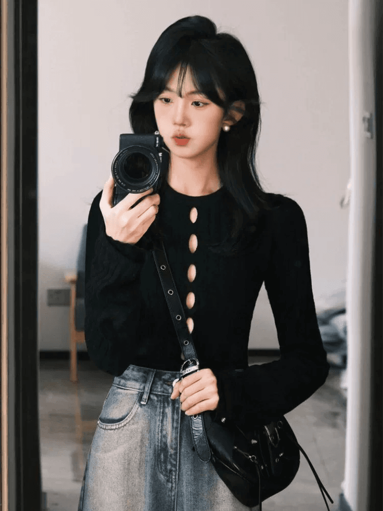 디자인 센스 핫걸 홀로우 아웃 얇은 스타일 니트 기본 셔츠 여성 봄 가을 몸매 가꾸기 타이트 긴팔 조심해. 기계 내부 잡아라. 의류 상세 이미지 5