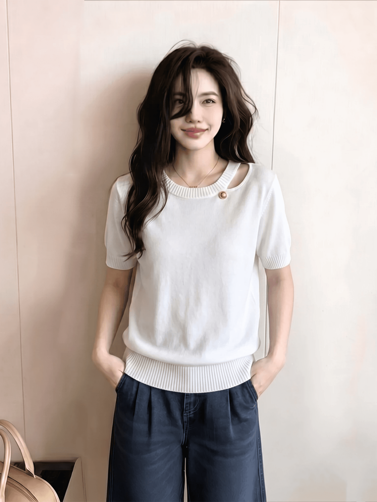 화이트 홀로우 아웃 얼음 실크 얇은 스타일 니트 반팔 티셔츠 여성 2026 새로운 여름 그레이트 봐. 의류 이미지 4