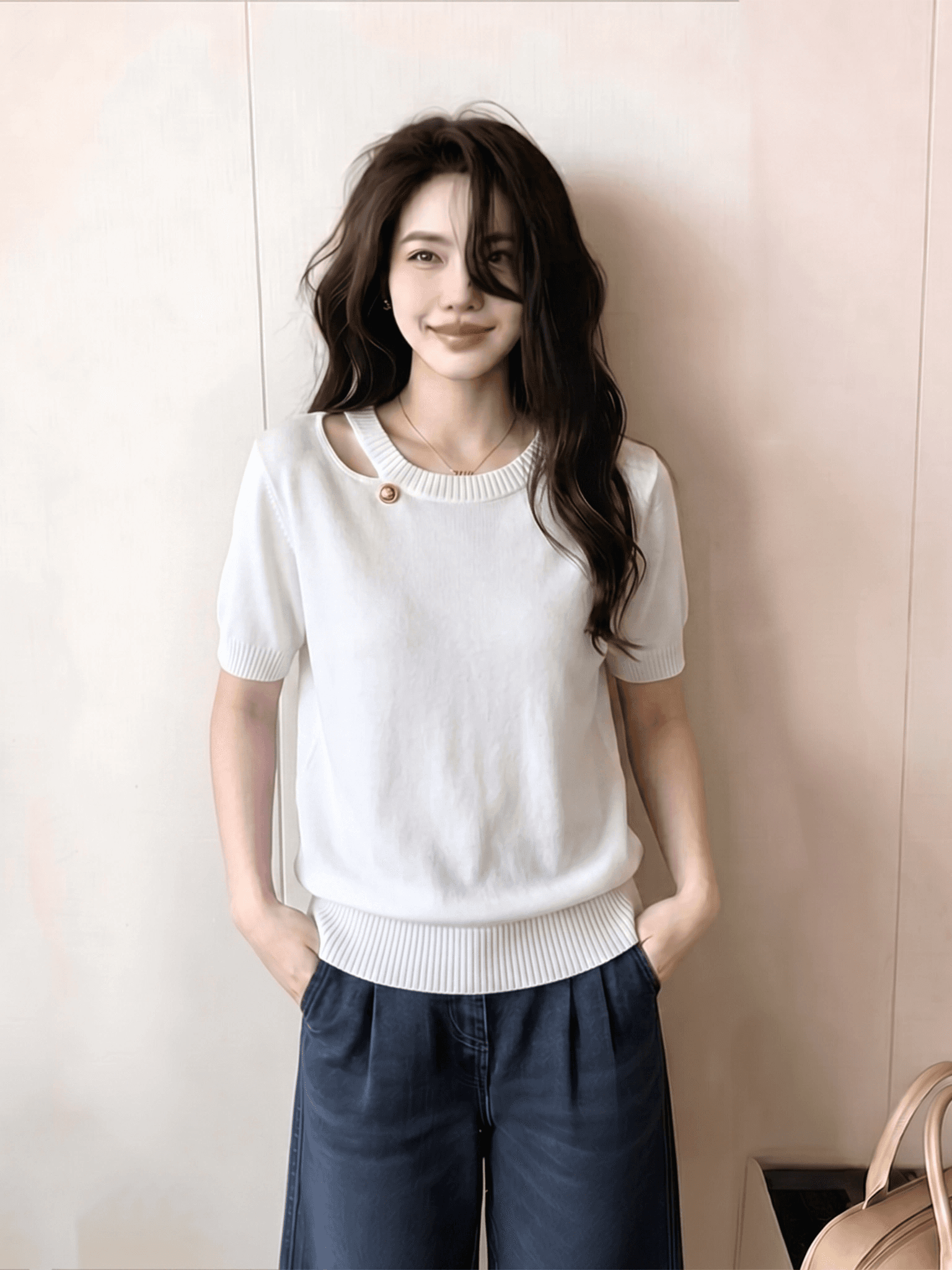 화이트 홀로우 아웃 얼음 실크 얇은 스타일 니트 반팔 티셔츠 여성 2026 새로운 여름 그레이트 봐. 의류 상세 이미지 1