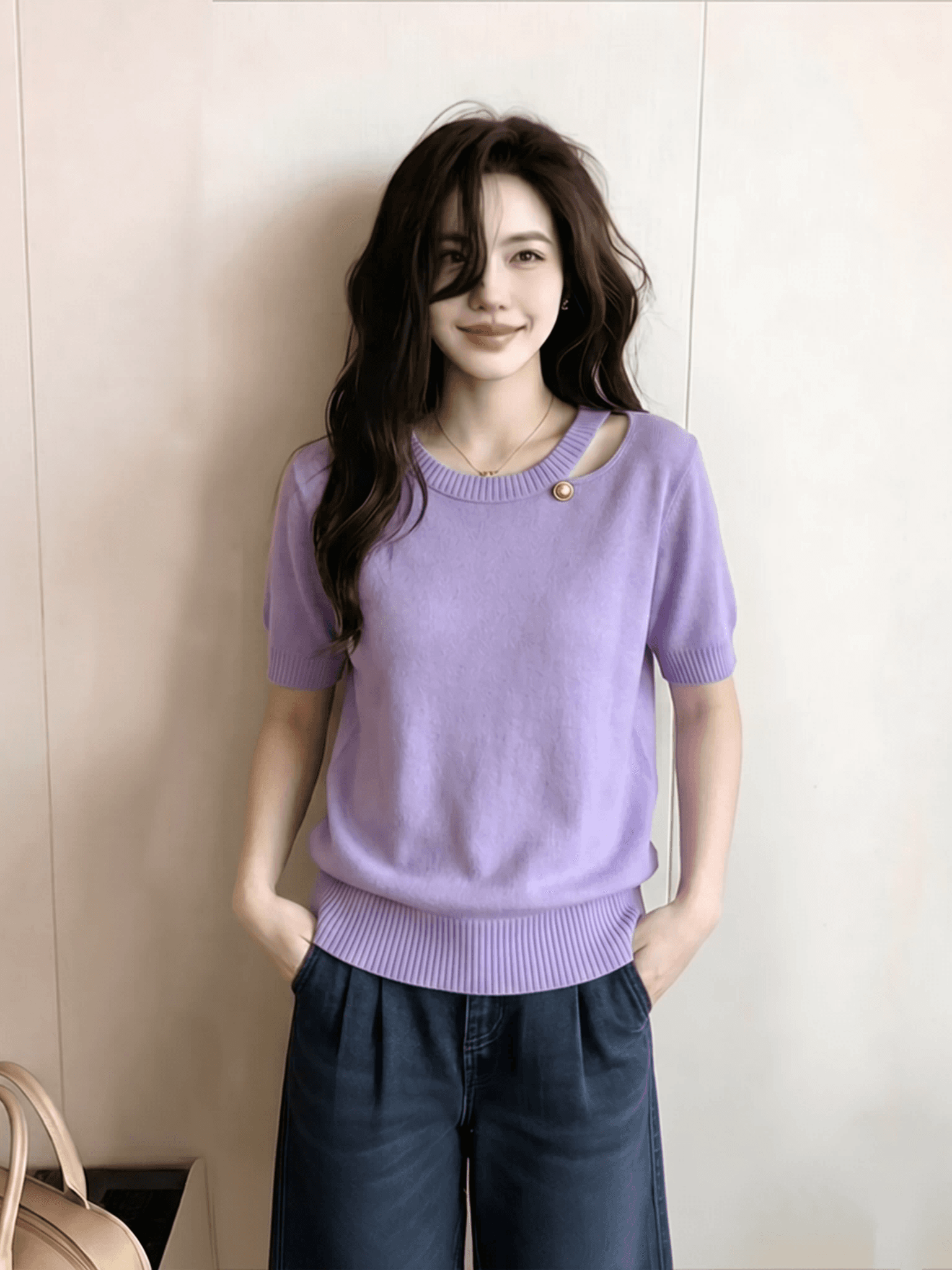 화이트 홀로우 아웃 얼음 실크 얇은 스타일 니트 반팔 티셔츠 여성 2026 새로운 여름 그레이트 봐. 의류 상세 이미지 2