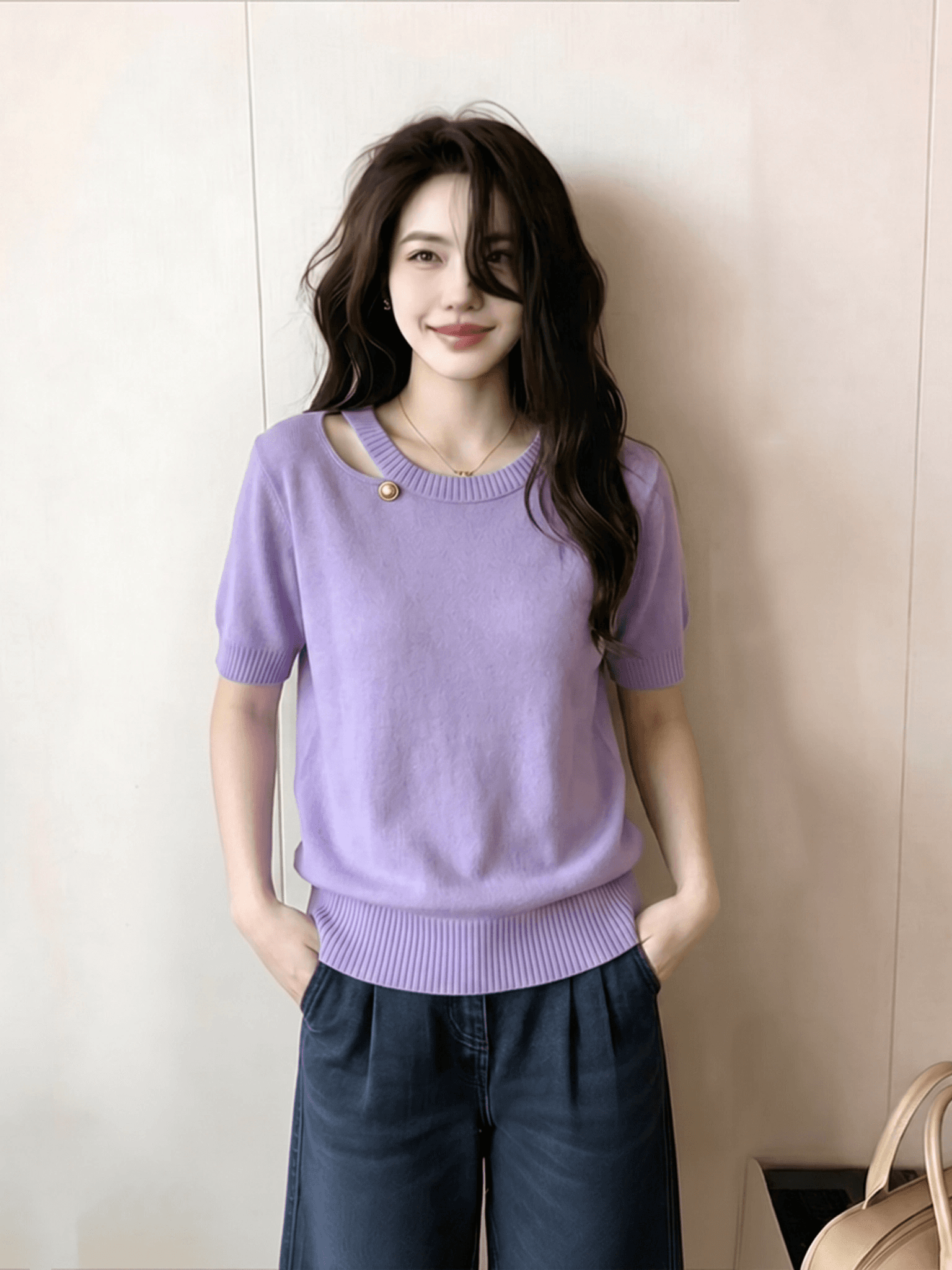 화이트 홀로우 아웃 얼음 실크 얇은 스타일 니트 반팔 티셔츠 여성 2026 새로운 여름 그레이트 봐. 의류 상세 이미지 4