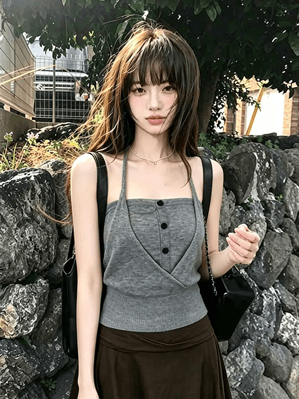 2026 새로운 페이크 레이어드 행침 목 슬립 맨위 여름 핫걸 아름다움 뒤로 디자인 센스 단추 튜브탑 조끼 여성 상세 이미지 3