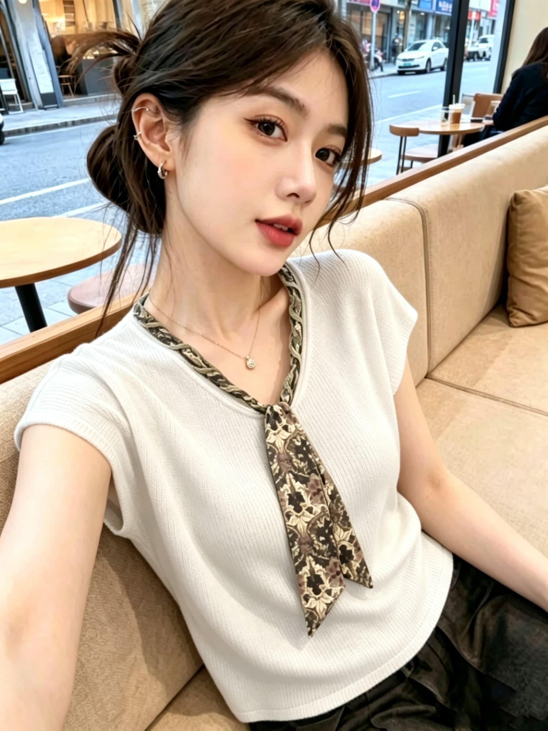 2026 오래된 돈 바람 스카프 레이스업 V넥 니트 조끼 여성 여름 새로운 레트로 고급 센스 맨위
