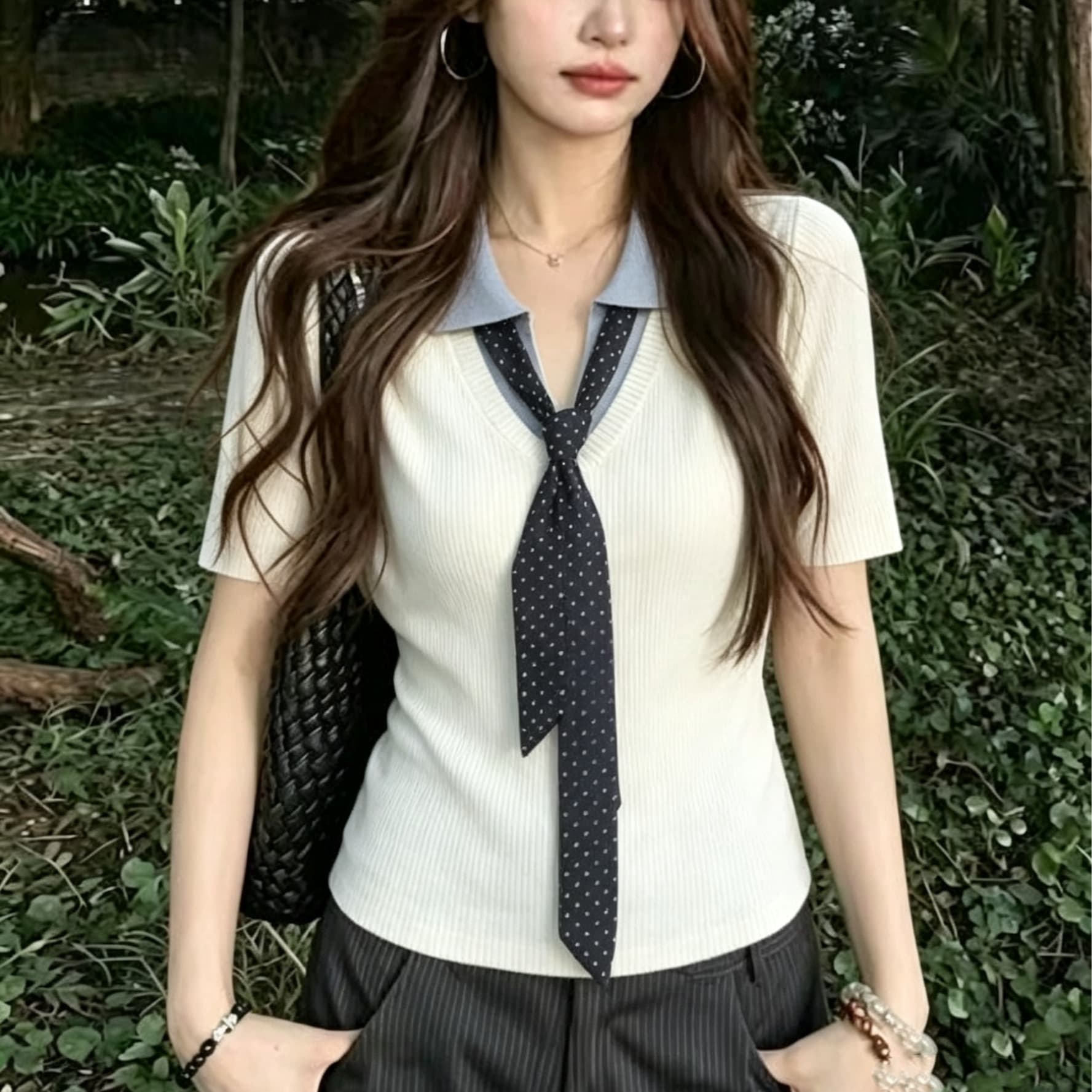 프랑스식 고급 센스 배색 폴로 칼라 니트 반팔 티셔츠 여성 여름 코치 아름다운 중간 소매 몸매 가꾸기 맨위 POLO 셔츠 이미지 6