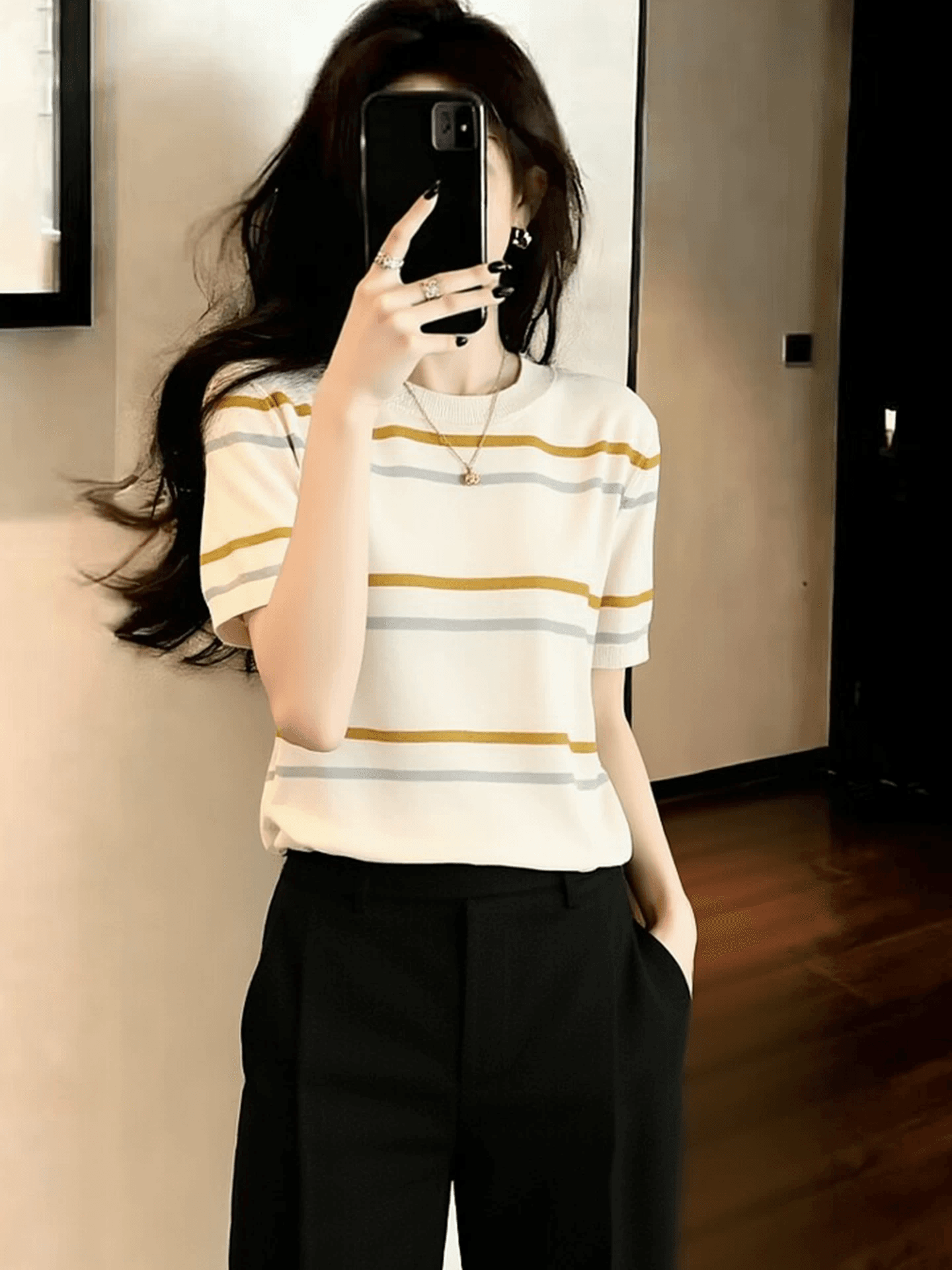 한 부서 달콤함 학원 스타일 살구 색상 라운드 넥 스트라이프 반팔 니트 스웨터 여성 봄 여름 착용 가져 가라. 인사이드 가져 가라. 만나는 맨위 이미지 3
