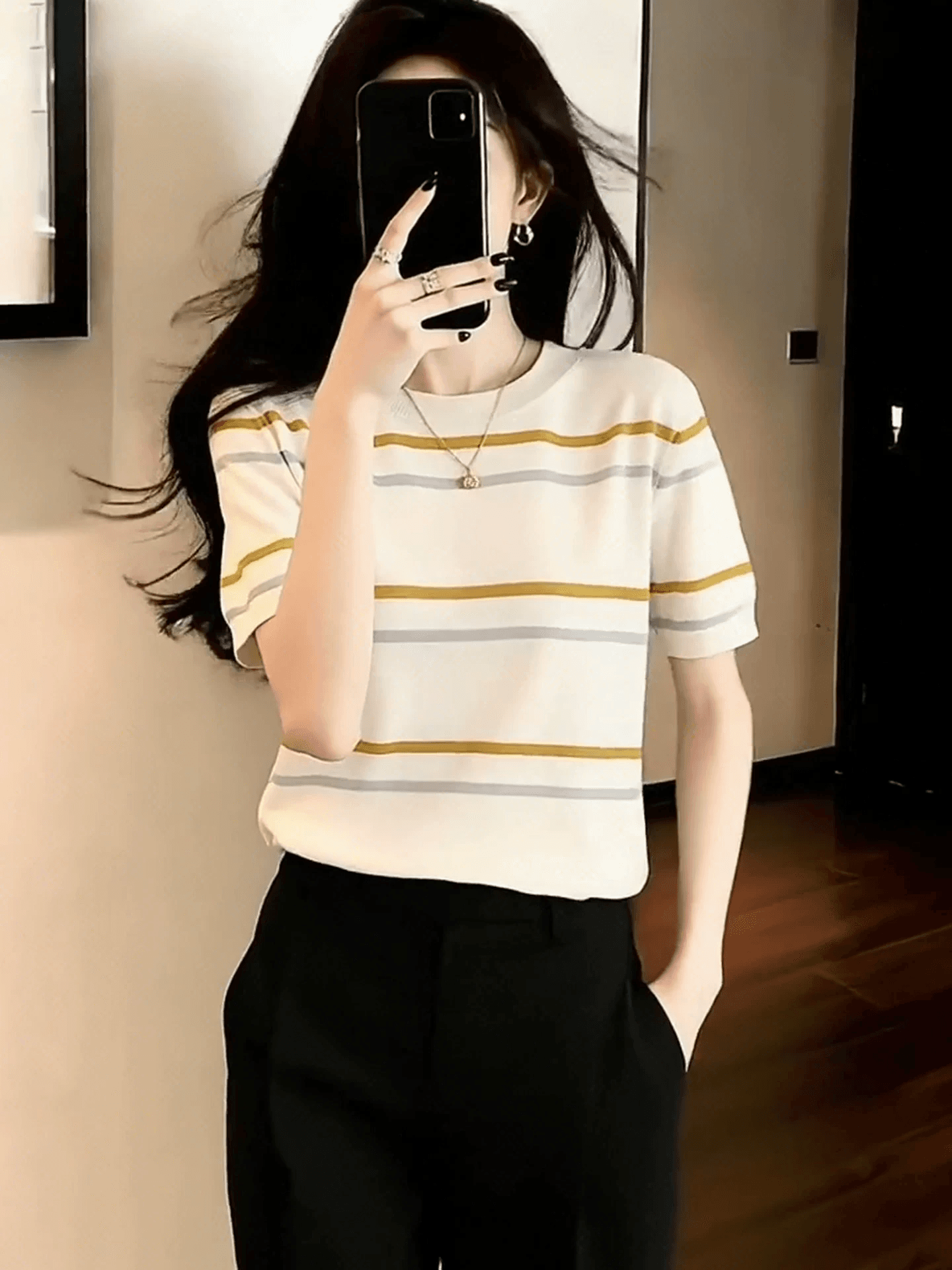 한 부서 달콤함 학원 스타일 살구 색상 라운드 넥 스트라이프 반팔 니트 스웨터 여성 봄 여름 착용 가져 가라. 인사이드 가져 가라. 만나는 맨위 이미지 4