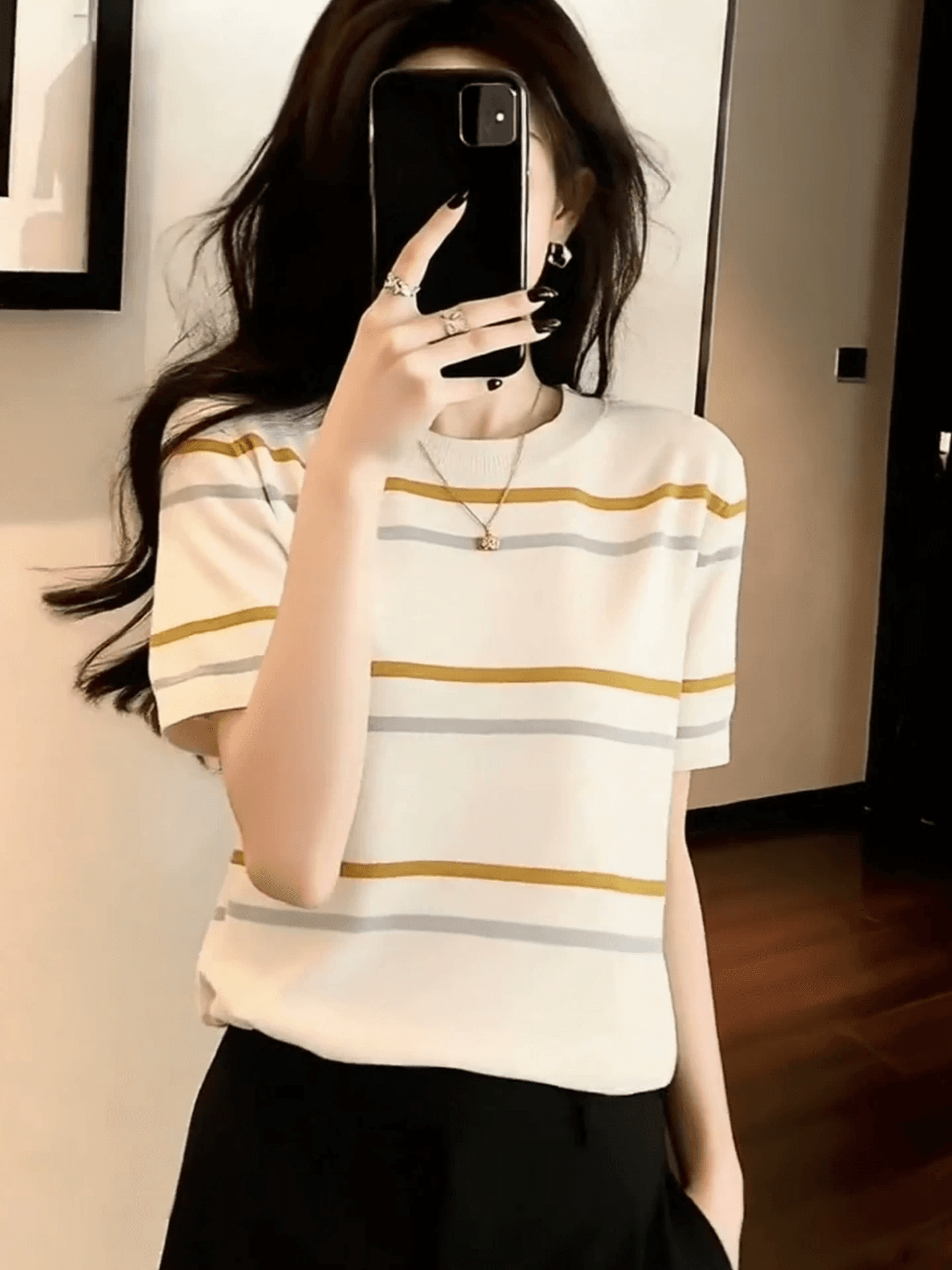한 부서 달콤함 학원 스타일 살구 색상 라운드 넥 스트라이프 반팔 니트 스웨터 여성 봄 여름 착용 가져 가라. 인사이드 가져 가라. 만나는 맨위 상세 이미지 1