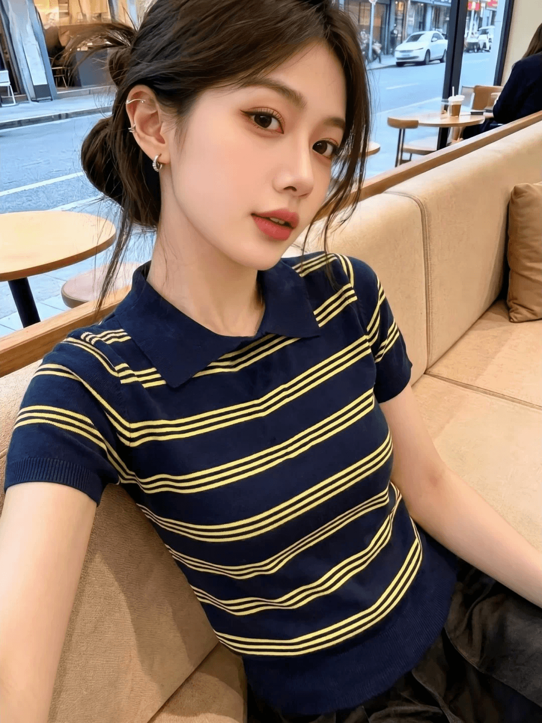 한 부서 스트라이프 POLO 칼라 긍정적 인 어깨 니트 반팔 티셔츠 여성 2026 새로운 여름 착용 가져 가라. 아니요 명중 섹션 작은 맨위