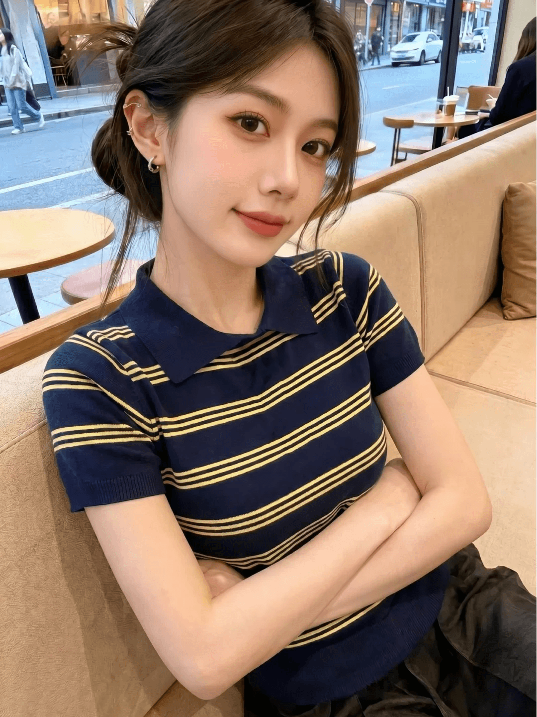 한 부서 스트라이프 POLO 칼라 긍정적 인 어깨 니트 반팔 티셔츠 여성 2026 새로운 여름 착용 가져 가라. 아니요 명중 섹션 작은 맨위 이미지 2