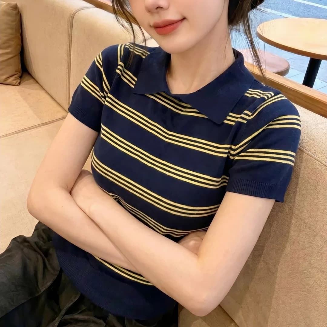 한 부서 스트라이프 POLO 칼라 긍정적 인 어깨 니트 반팔 티셔츠 여성 2026 새로운 여름 착용 가져 가라. 아니요 명중 섹션 작은 맨위 이미지 5