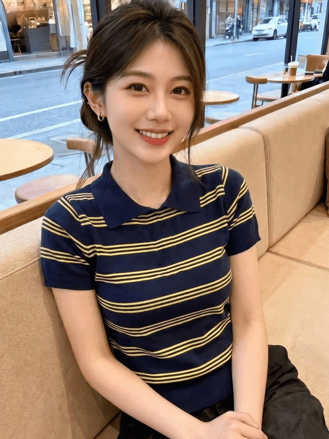 한 부서 스트라이프 POLO 칼라 긍정적 인 어깨 니트 반팔 티셔츠 여성 2026 새로운 여름 착용 가져 가라. 아니요 명중 섹션 작은 맨위 상세 이미지 2