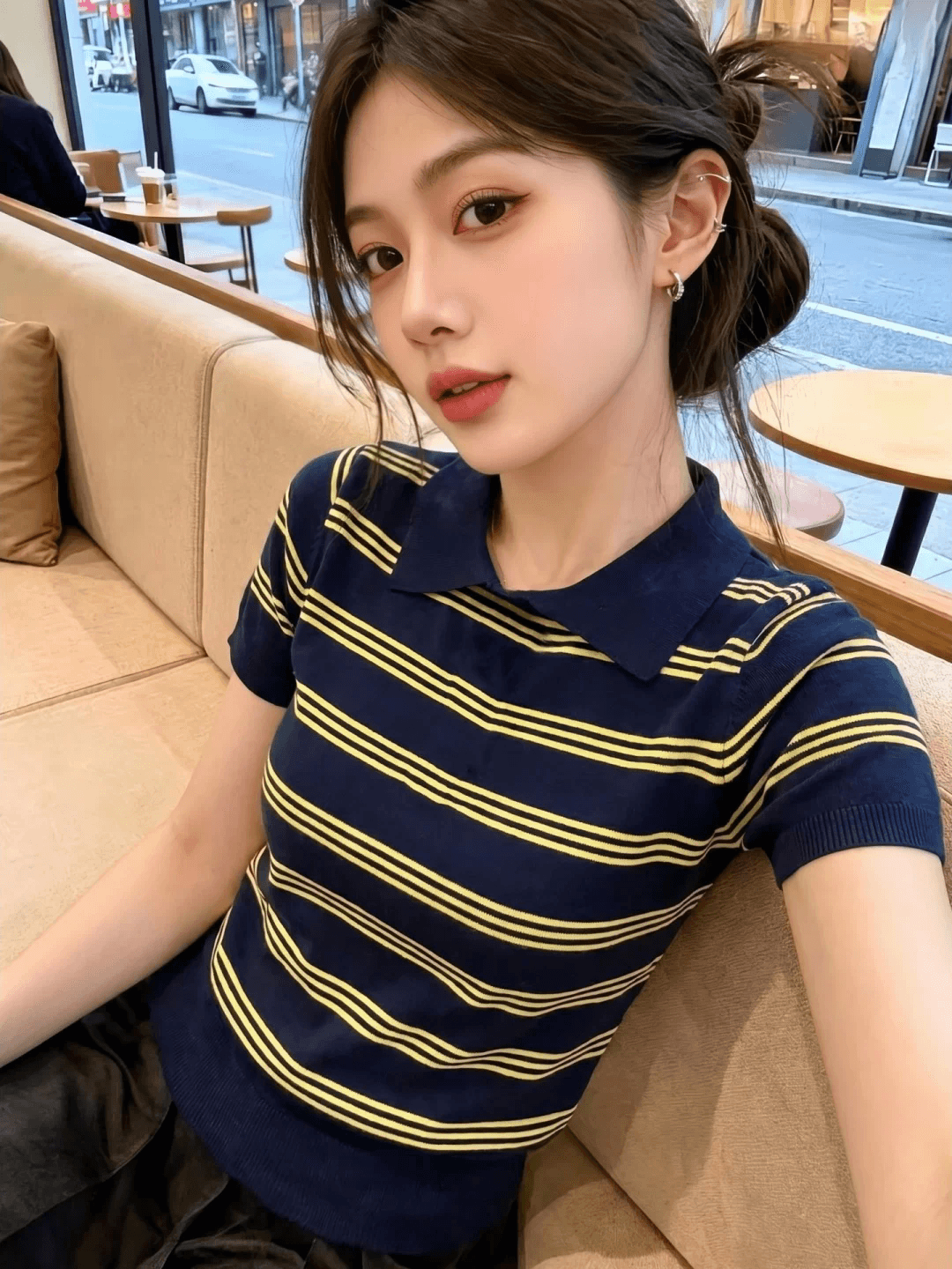한 부서 스트라이프 POLO 칼라 긍정적 인 어깨 니트 반팔 티셔츠 여성 2026 새로운 여름 착용 가져 가라. 아니요 명중 섹션 작은 맨위 상세 이미지 3