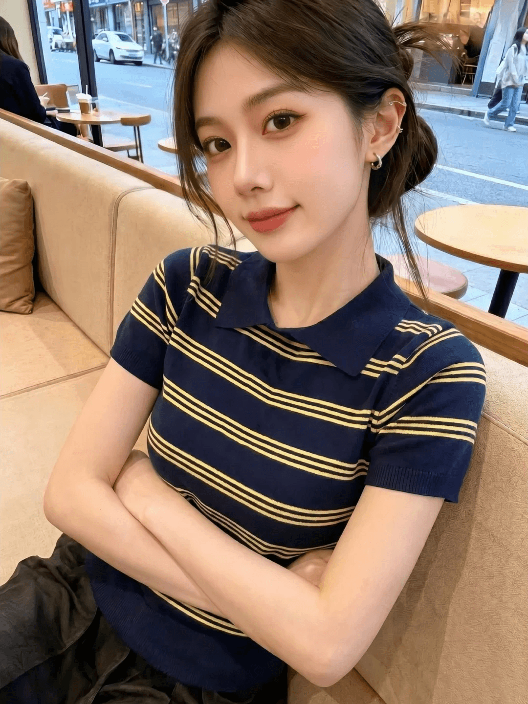 한 부서 스트라이프 POLO 칼라 긍정적 인 어깨 니트 반팔 티셔츠 여성 2026 새로운 여름 착용 가져 가라. 아니요 명중 섹션 작은 맨위 상세 이미지 4