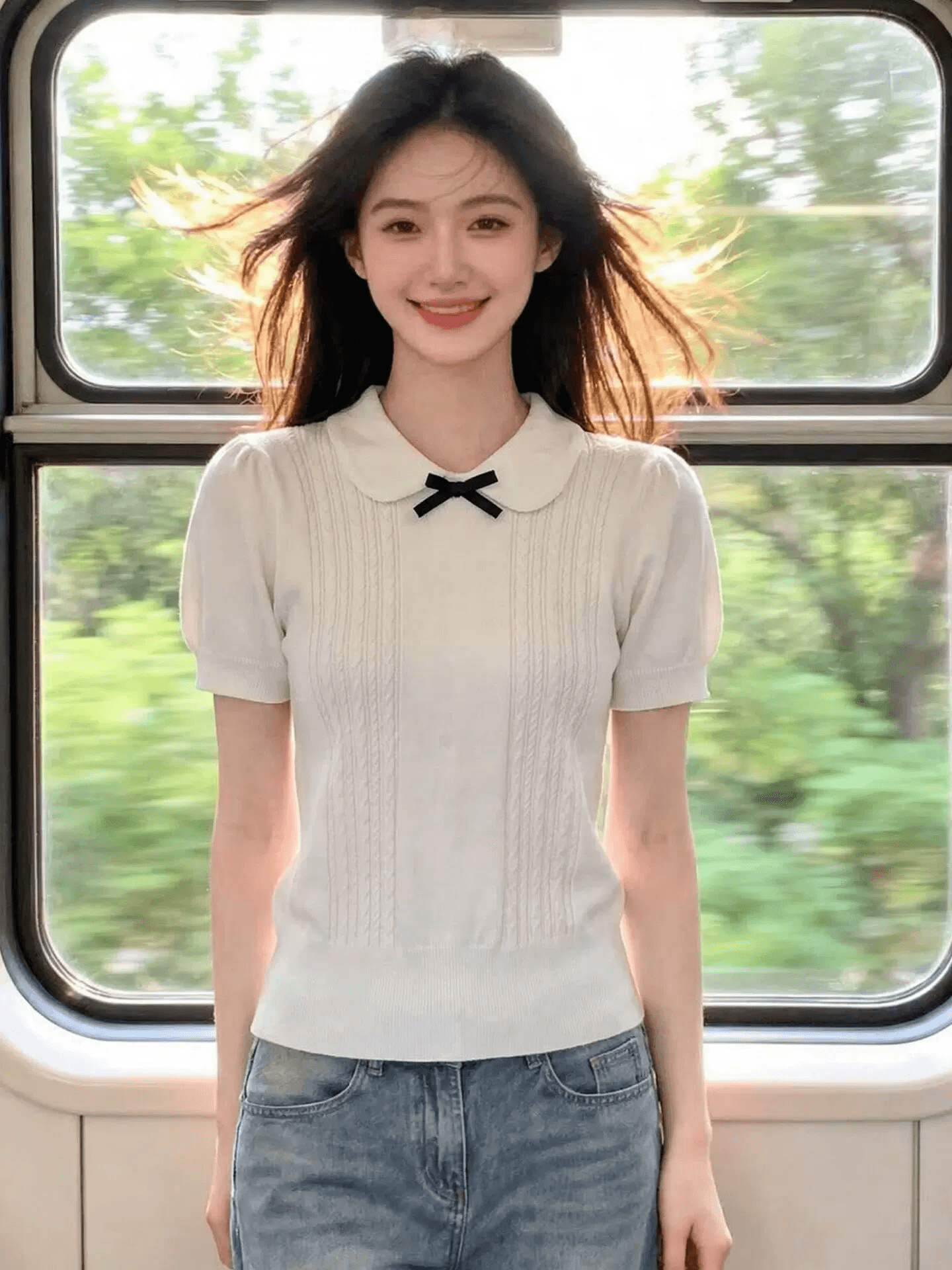 화이트 긍정적 인 어깨 반팔 나비 매듭 POLO 셔츠 티셔츠 여성 여름 2026 새로운 베이비 칼라 얇은 스타일 니트 맨위 이미지 3