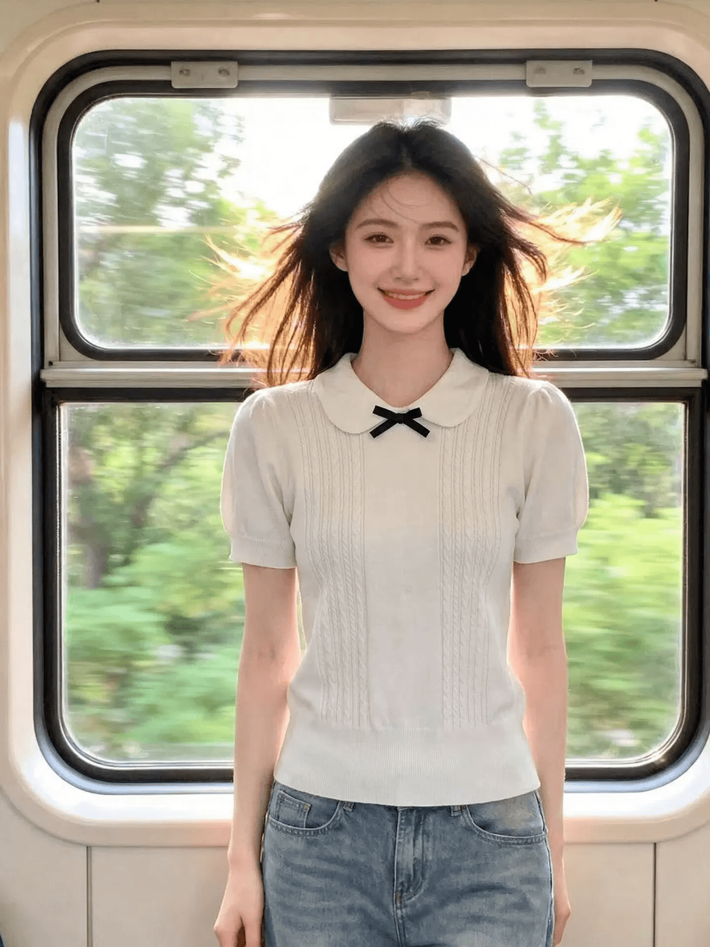 화이트 긍정적 인 어깨 반팔 나비 매듭 POLO 셔츠 티셔츠 여성 여름 2026 새로운 베이비 칼라 얇은 스타일 니트 맨위 상세 이미지 1