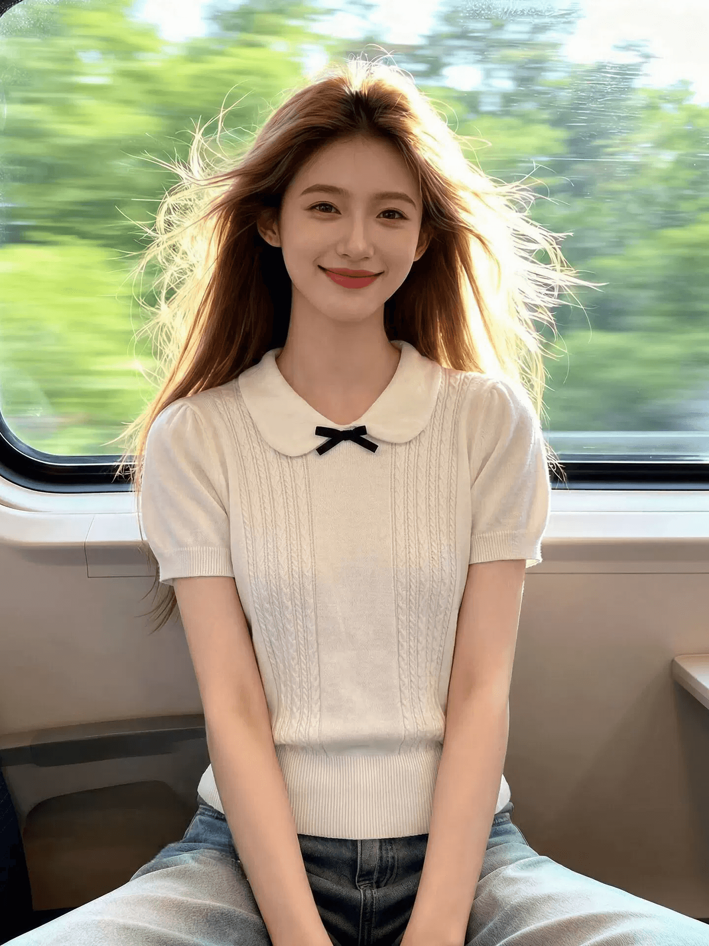 화이트 긍정적 인 어깨 반팔 나비 매듭 POLO 셔츠 티셔츠 여성 여름 2026 새로운 베이비 칼라 얇은 스타일 니트 맨위 상세 이미지 2