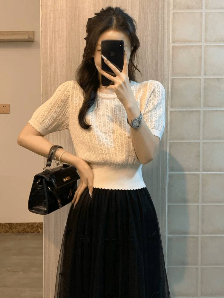 프랑스식 살구 색상 얼음 실크 홀로우 아웃 니트 스웨터 반팔 여성 여름 고유 한 아름다운 꼬집기 허리 작은 샤넬 스타일 품격 티셔츠 맨위 상세 이미지 3
