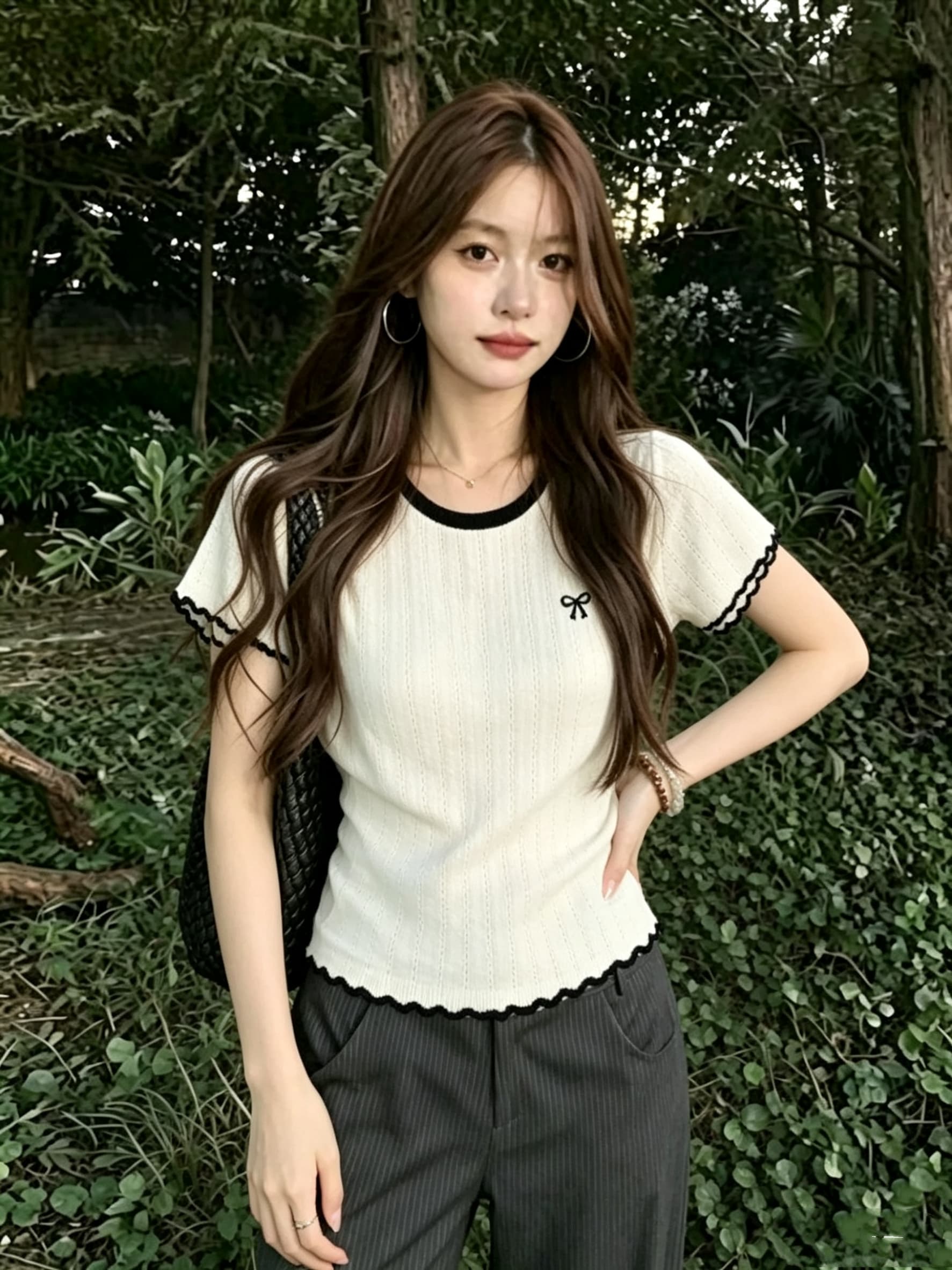 화이트 배색 라운드 넥 반팔 티셔츠 여성 여름 새로운 얇은 스타일 니트 스웨터 나비 매듭 자수 몸매 가꾸기 맨위 트렌디 이미지 3