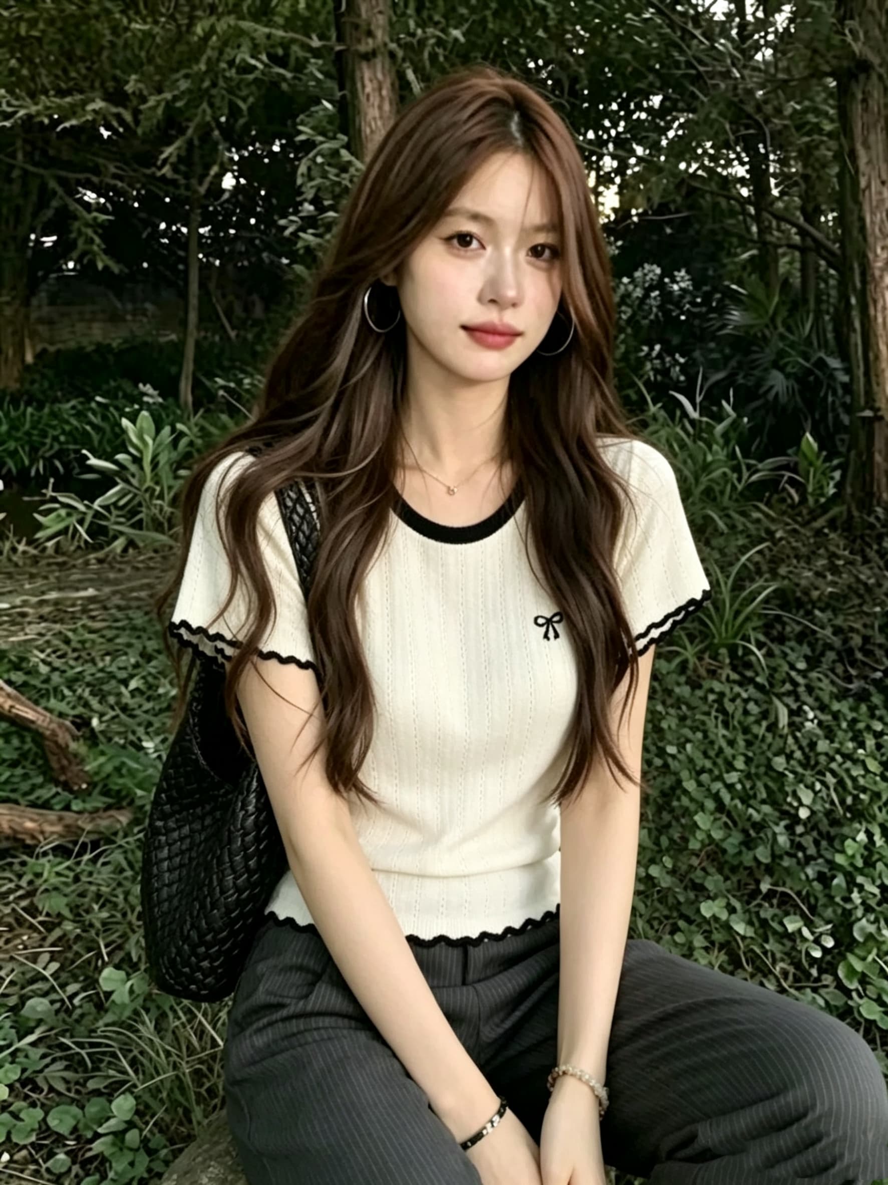 화이트 배색 라운드 넥 반팔 티셔츠 여성 여름 새로운 얇은 스타일 니트 스웨터 나비 매듭 자수 몸매 가꾸기 맨위 트렌디 상세 이미지 3