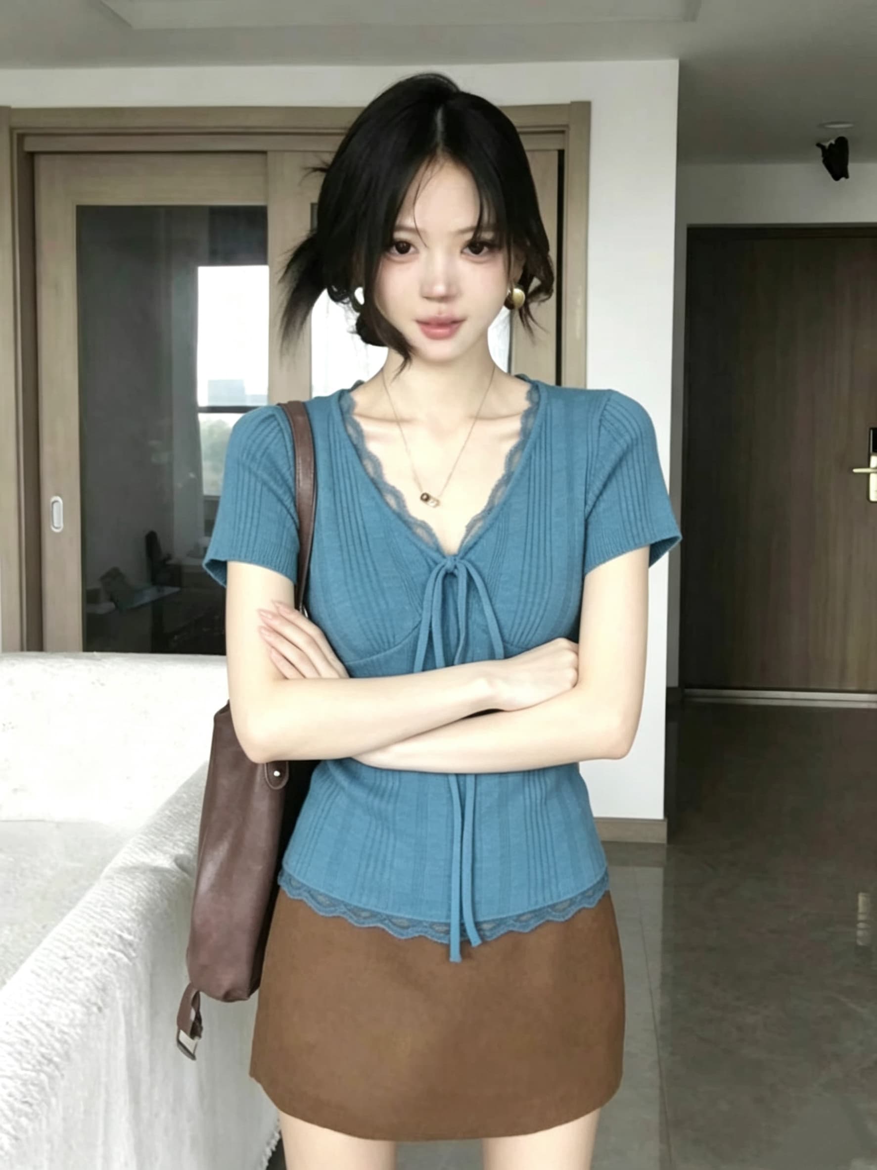 한 부서 파란색 V넥 레이스 레이스 긍정적 인 어깨 반팔 티셔츠 여성 여름 슈퍼 잘 생긴 몸매 가꾸기 슬림해 보이는 chic 작은 맨위 이미지 5