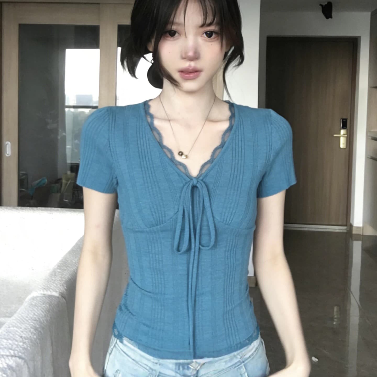 한 부서 파란색 V넥 레이스 레이스 긍정적 인 어깨 반팔 티셔츠 여성 여름 슈퍼 잘 생긴 몸매 가꾸기 슬림해 보이는 chic 작은 맨위 이미지 6