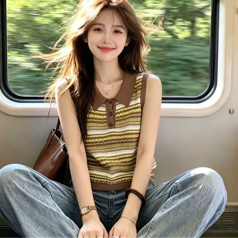 보존 섹션 추천 고급 센스 스트라이프 폴로 칼라 니트 조끼 여성 여름 새로운 느긋한 외국 가스 민소매 맨위 이미지 6