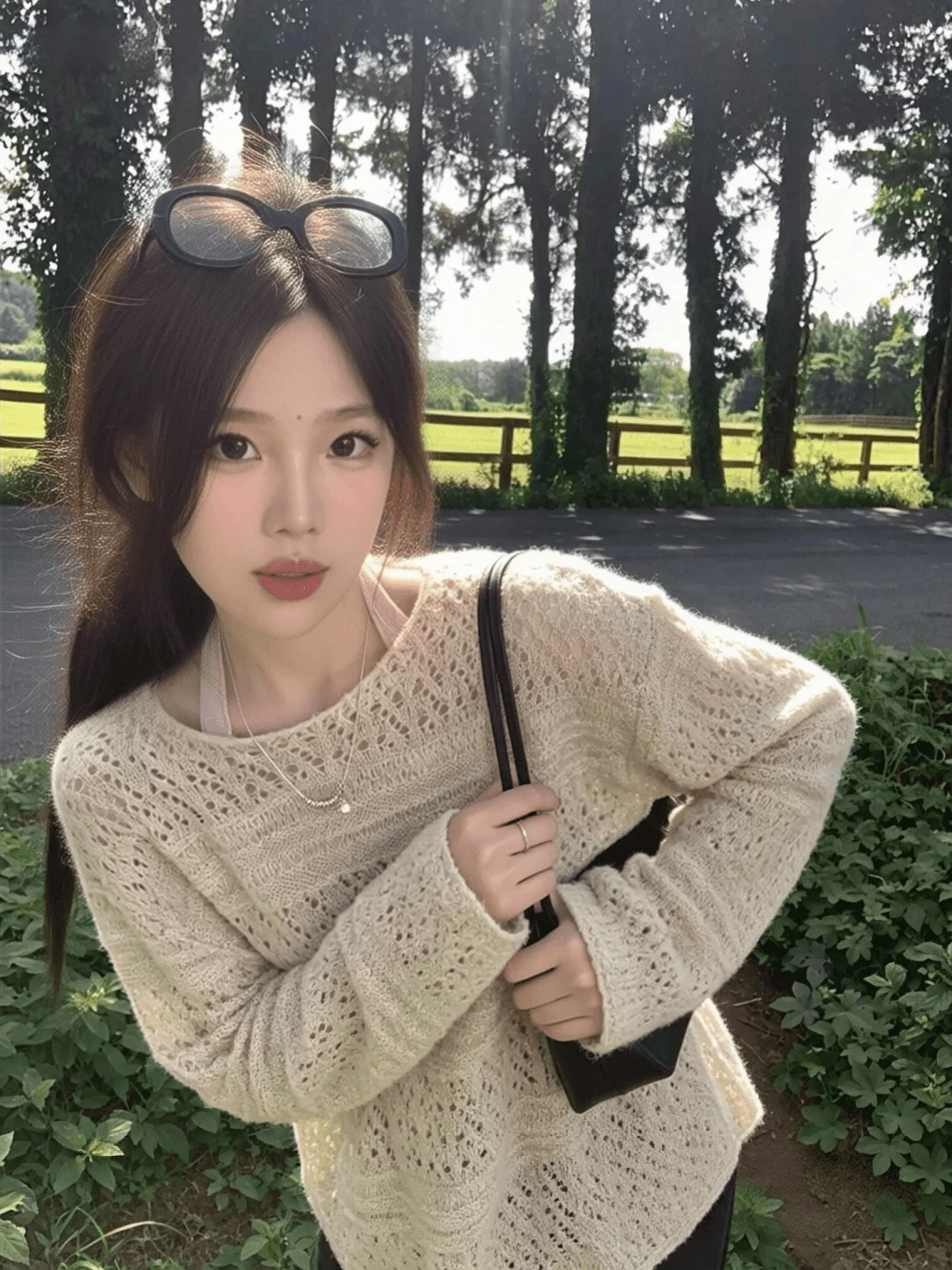 모헤어 부드러운 바람 홀로우 아웃 자수 니트 블라우스 이른 가을 착용 가져 가라. 루즈핏 라운드 넥 한 부서 느긋한 스웨터 이미지 4